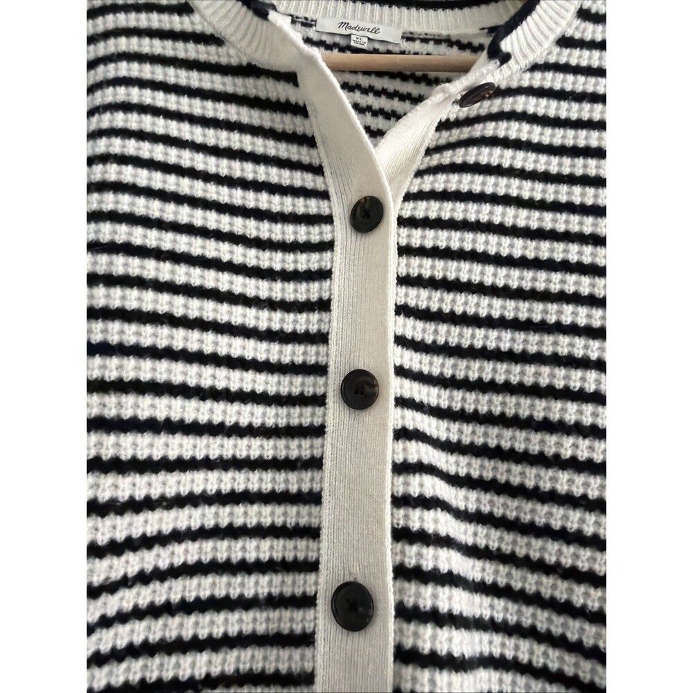 Madewell Waffle-Knit 100% Merino Wool Long Sleev Cardigan in Stripe Black Crm XL - Picture 6 of 9